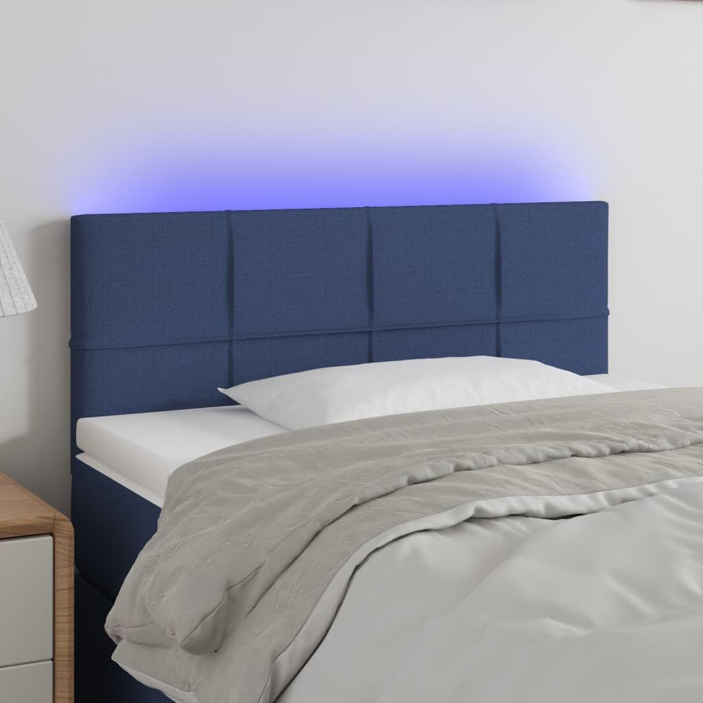 Testiera da letto in tessuto blu LED, 80x5x78/88 cm, con altezza regolabile e striscia di taglio a LED, fornisce un eccellente supporto per la schiena durante la lettura in camera da letto.