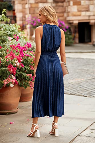 Prettygarden Women's Midi Summer Dresses Casual V Neck Swiss Dot Ruffle Sleeveless A Line Beach Sun Dress (Navy,Large) #TOP3