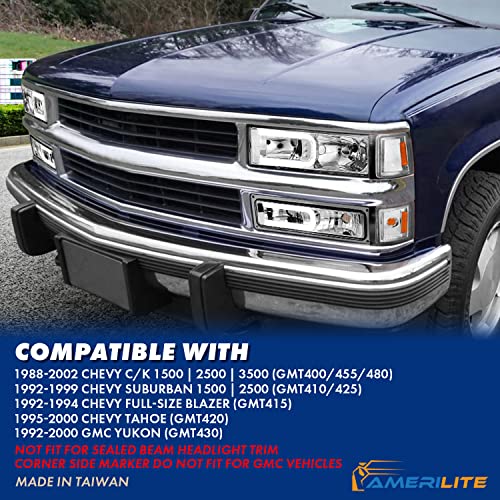 Amerilite Led, Halogen, Stripe Clear Replacement Truck Headlights Parking Corner Sets For 94-98 Chevy Fullsize - Passenger And Driver Side, Vehicle Light Assembly, Chrome #TOP7