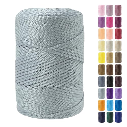 Tsuisho 2.5mm x 185 Yards Premium Polyester Macrame Cord 2.5mm Polypropylene Cord for Knitting and Crocheting Hats, Bags, Purses, Shoes, Carpets, Basket, Plant Hangers, DIY Crafts -Silver