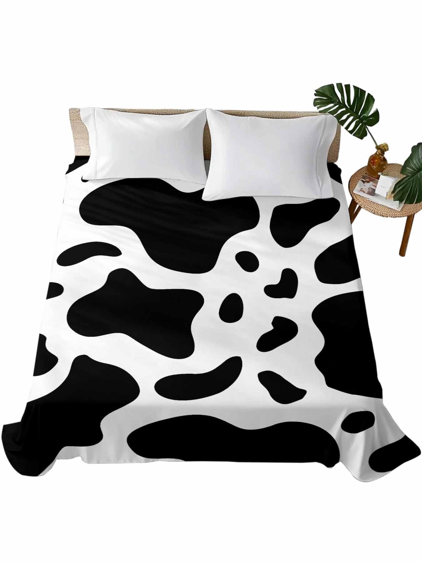 Twin XL Size Flat Sheet Only, Cow Spots Animal Skin Bed Top Sheet Soft Microfiber Breathable Bedding Flat Sheets, Black and White Top Sheets Hotel Luxury