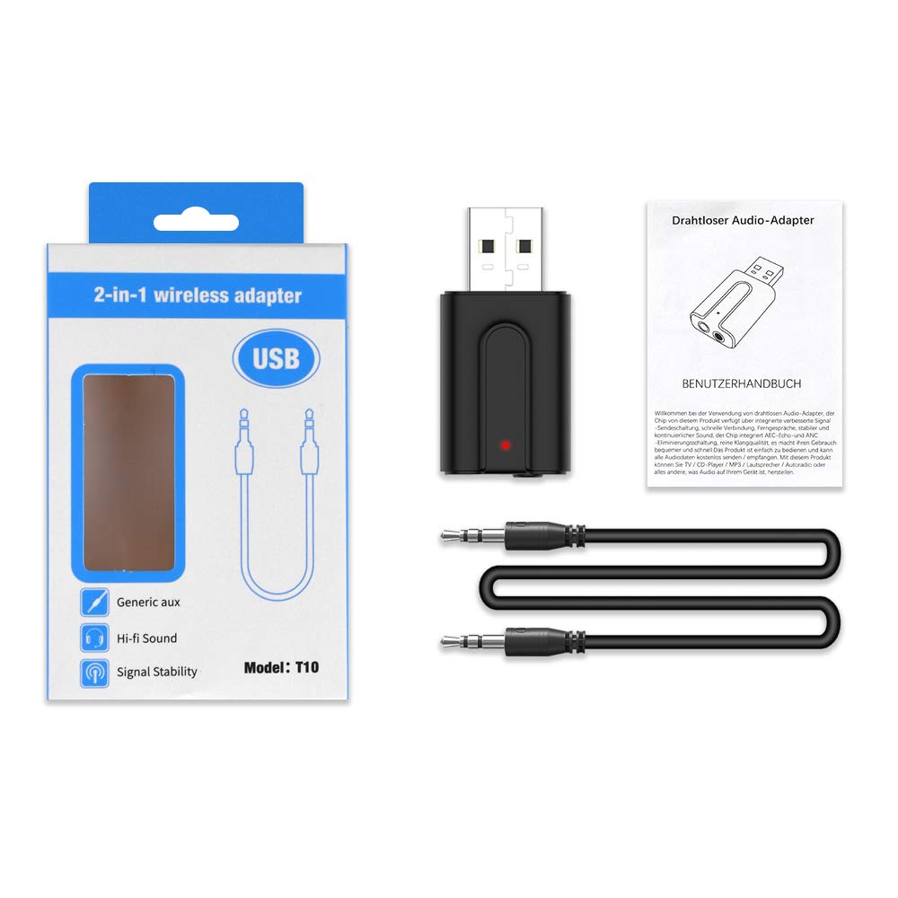 USB Bluetooth 5.0 Transmisor y Receptor, 2 en 1 Adaptador Audio con Jack 3.5mm Cable para Televisión PC Amplificador Coche Móvil Altavoces