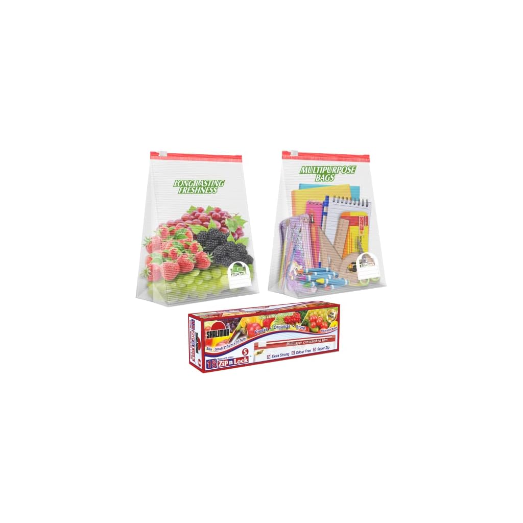 Shalimar Zip 'N' Lock Bag With Slider (Reusable) size (Small) ZipLock Bag/Vegetable Bag/Freeze Bag/MultiPurpose Storage Bag Pack of - 3 (45 Bags) Color - Natural