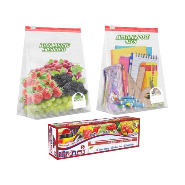 Shalimar Zip ‘N’ Lock Bag With Slider (Reusable) size (Small) ZipLock Bag/Vegetable Bag/Freeze Bag/MultiPurpose Storage Bag Pack of – 3 (45 Bags) Color – Natural