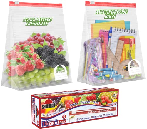 Shalimar Zip ‘N’ Lock Bag With Slider (Reusable) size (Small) ZipLock Bag/Vegetable Bag/Freeze Bag/MultiPurpose Storage Bag Pack of – 3 (45 Bags) Color – Natural