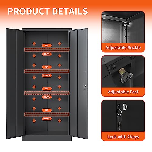 BIZOEIRON 71" Metal Storage Cabinet with Doors and Shelves, Locking Garage Cabinet,Heavy Duty Steel Tool Cabinets Utility Locker File Organizer for Home Kitchen Office Basement (Black)