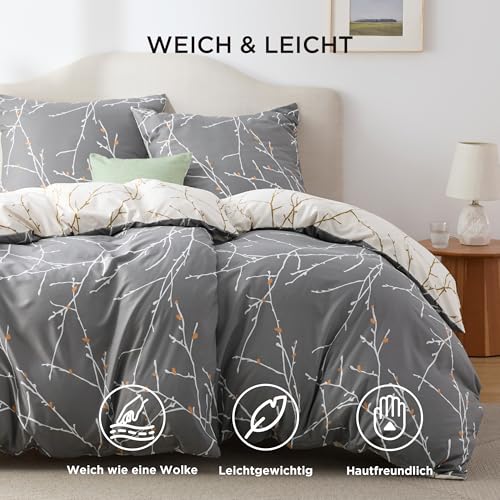 BEDSURE Bettwäsche 135x200 4teilig Mikrofaser - Grau Zweige, 2x80x80 Kissen – Ansicht 2
