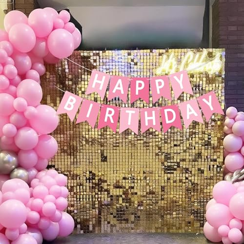 Image of Happy Birthday Banner Sign, Birthday Garland Wall Door Hanging Banners Flag for Women Men Boys Girls Party Backdrop Decorations, Personalized Name Banner White Letters Pink and Light Pink