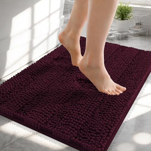 Image of OLANLY Thick Small Bathroom Rugs 24x16, Extra Absorbent Chenille Striped Bath Rugs, Rubber Backing, Machine Wash, Bath Mats for Bathroom Floor, Tub and Shower, Home Decor Accessories, Black Cherry