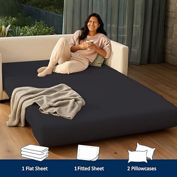 4 Piece Sleeper Sofa Luxury Bed Sheet Set 100% Egyptian Cotton 800 Thread Count Full Size (54 x 72) Inch Fits Mattresses Up to 5 Drop - Black Solid