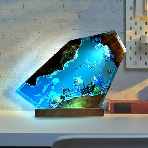 3D Ozean Harzlampe Handgefertigte Tischleuchte aus Holz und Harz Kunstobjekte mit USB-Anschluss für die Dekoration von Zuhause und Büro Geschenkidee für Taucher zum Geburtstag oder Feiertag