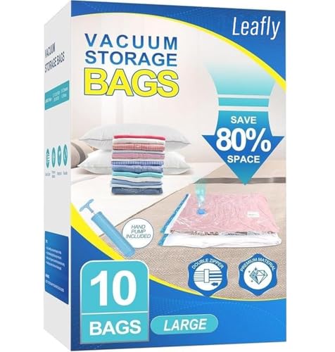 Image of Leafly Vacuum Storage Bags with Hand Pump, Plastic Packaging Bags, 80% Space Saver Vacuum Seal Bags for Clothing, Travel Lugggage, Blankets, Comforters (10 Large)