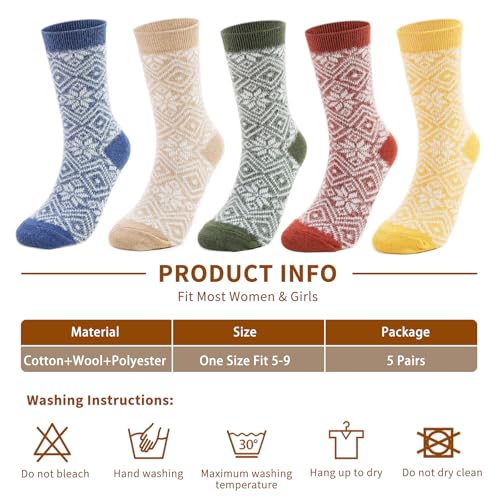 Image of ICEIVY Womens Socks 5 Pairs Wool Warm Cotton Thick Vintage Casual Winter Cabin Crew Fuzzy Socks Gifts For Women