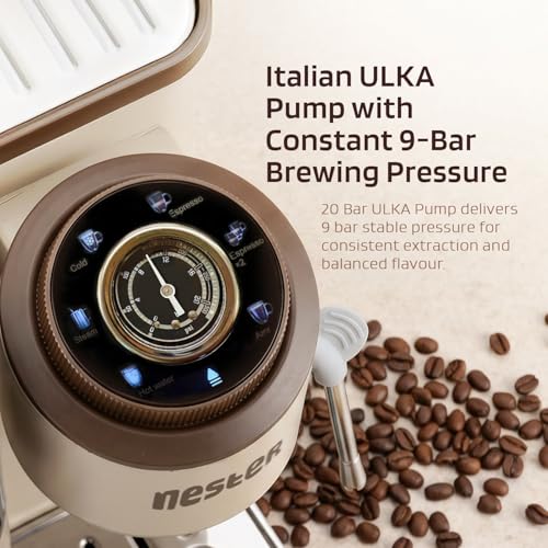 Image of NESTER Home Barista Coffee Machine - 20 Bar Italian Ulka Pressure Pump, Built-in Grinder, BrewCore Technology, PID Temperature Control, Espresso, Americano, Steam & Pod Compatible - Dalgona Brown