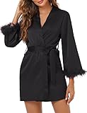 Clearlove Damen Kimono Robe Morgenmantel Satin Bademantel V-Ausschnitt Feder an den Manschetten Kimono(Schwarz,XL)