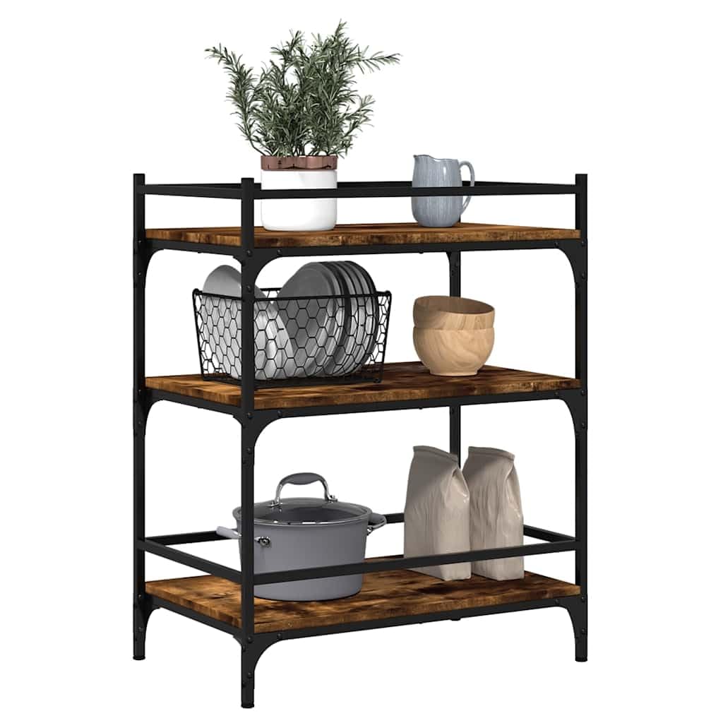 Carro de cocina de roble ahumado, 65 x 40 x 86,5 cm, madera con marco de acero y 4 ruedas, 2 bloqueables, para cocina, salón, como carrito de servicio y carrito de almacenamiento con mucho