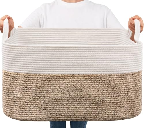 TIMEYARD 65L Faltbarer Wäschekorb, Aufbewahrungskorb für Baby Spielzeug, Square Laundry Baskets, Korb Aufbewahrung für Decken, kissen, Gästehandtuchkorb, Weiß und Braun