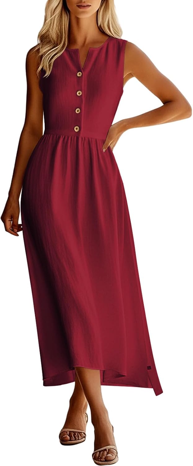 Women Beach Summer Midi Dress Cotton Linen Sleeveless Casual Solid Vacation Sundress Button Slim Fit Tank Dresses