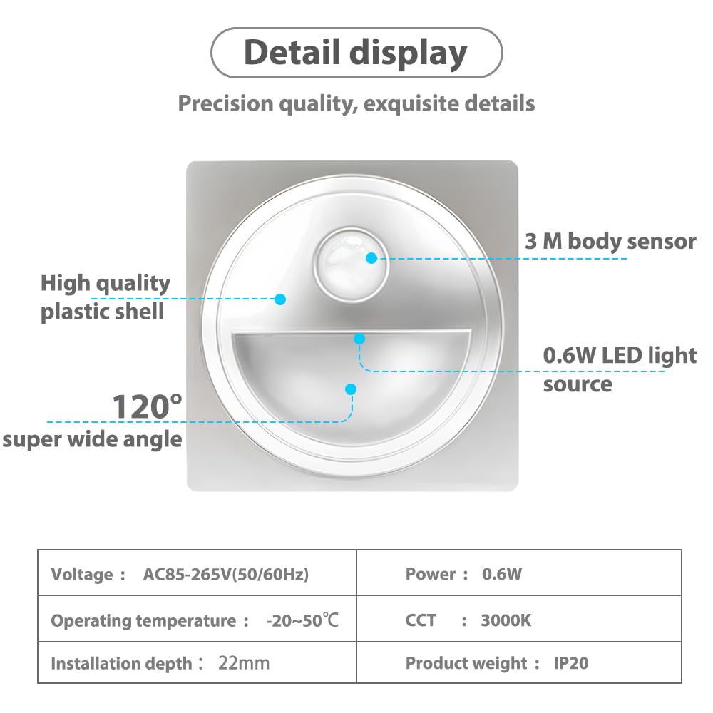 8er 0,6W LED Treppenlicht mit Bewegungsmelder Warmweiß 3000K LED Wandeinbauleuchte Silber Stufenlicht Treppenbeleuchtung für 60mm Runde Unterputzdose 230V für Innen