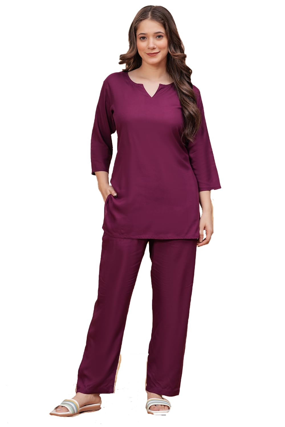 monique Moniique Brand Women's Rayon Plain/Solid Night Suit Set Pack of 1 / Top and Pajama Pants Regular Fit Night Suit Top and Pyjama Set Ladies Night Dress Violet, Large-picture-6