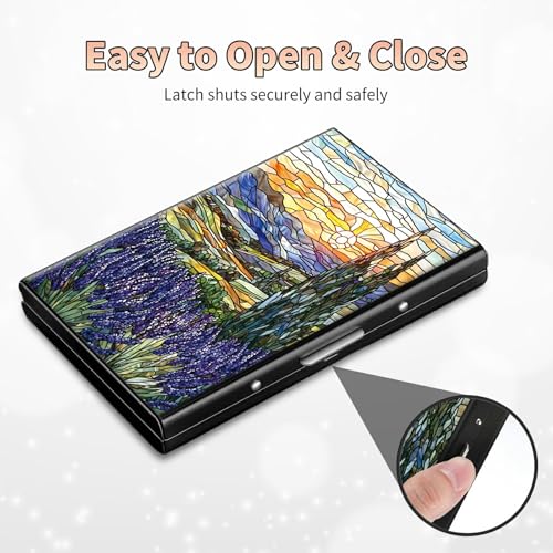 Image of Slim Credit Card Holder, Stained Glass Lavender RFID Blocking Metal Wallet for Men & Women, Aluminum Minimalist Hard Case Pocket-Sized Business Cards Organizer (Fits Up to 10 Cards)