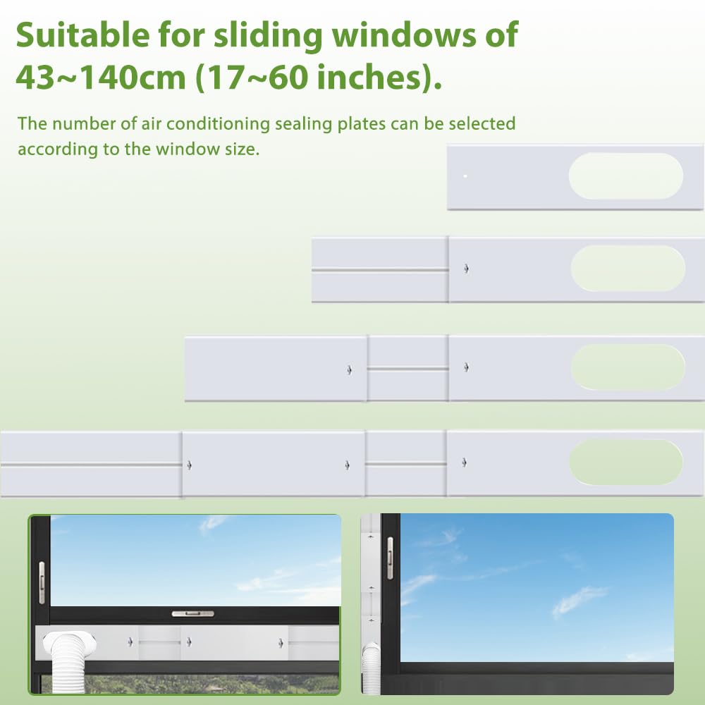 4Pcs Kit Ventana Aire Acondicionado Portátil, 10cm X 43-140cm con Tubo de Desagüe de 13cm, Placas de Sellado de Ventana Corredera de Aire Acondicionado Portátil