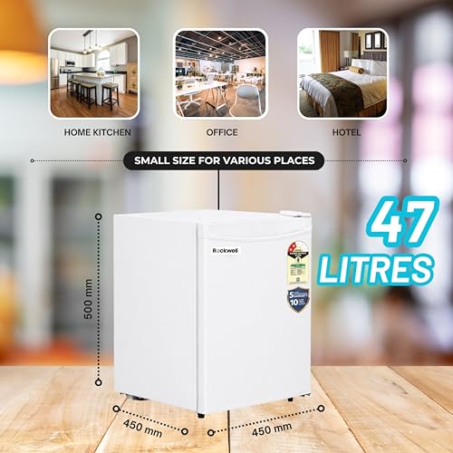 Image of ROCKWELL 47L Mini Fridge with Freezer, 2 Star, 5 Year Warranty, Direct Cool Technology, Adjustable Shelves, Ideal for Bedroom, Small Spaces, Hostels, and Offices, White