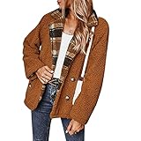 Women's Coat Casual Plaid Lapel Fleece Fuzzy Faux Oversized Sherpa Trucker Jacket Winter Warm Coats...