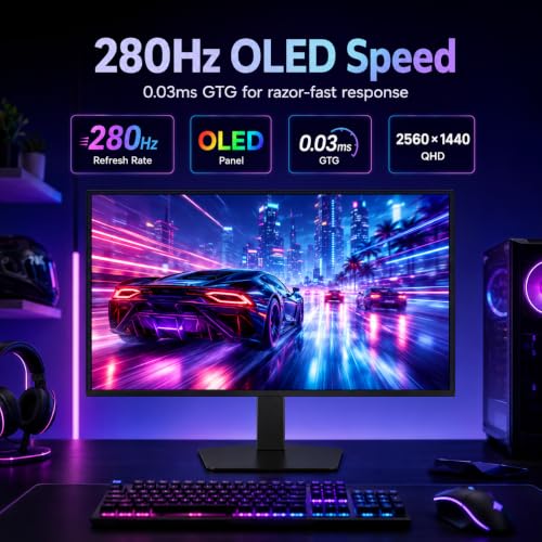 Image of Deco Gear 27 QHD OLED Gaming Monitor | 280Hz 0.03ms Response, HDR400, Adaptive Sync, 99% sRGB, 1.5M:1 Contrast, Borderless Design, Height Adjustable Stand, HDMI 2.1, DisplayPort 1.4