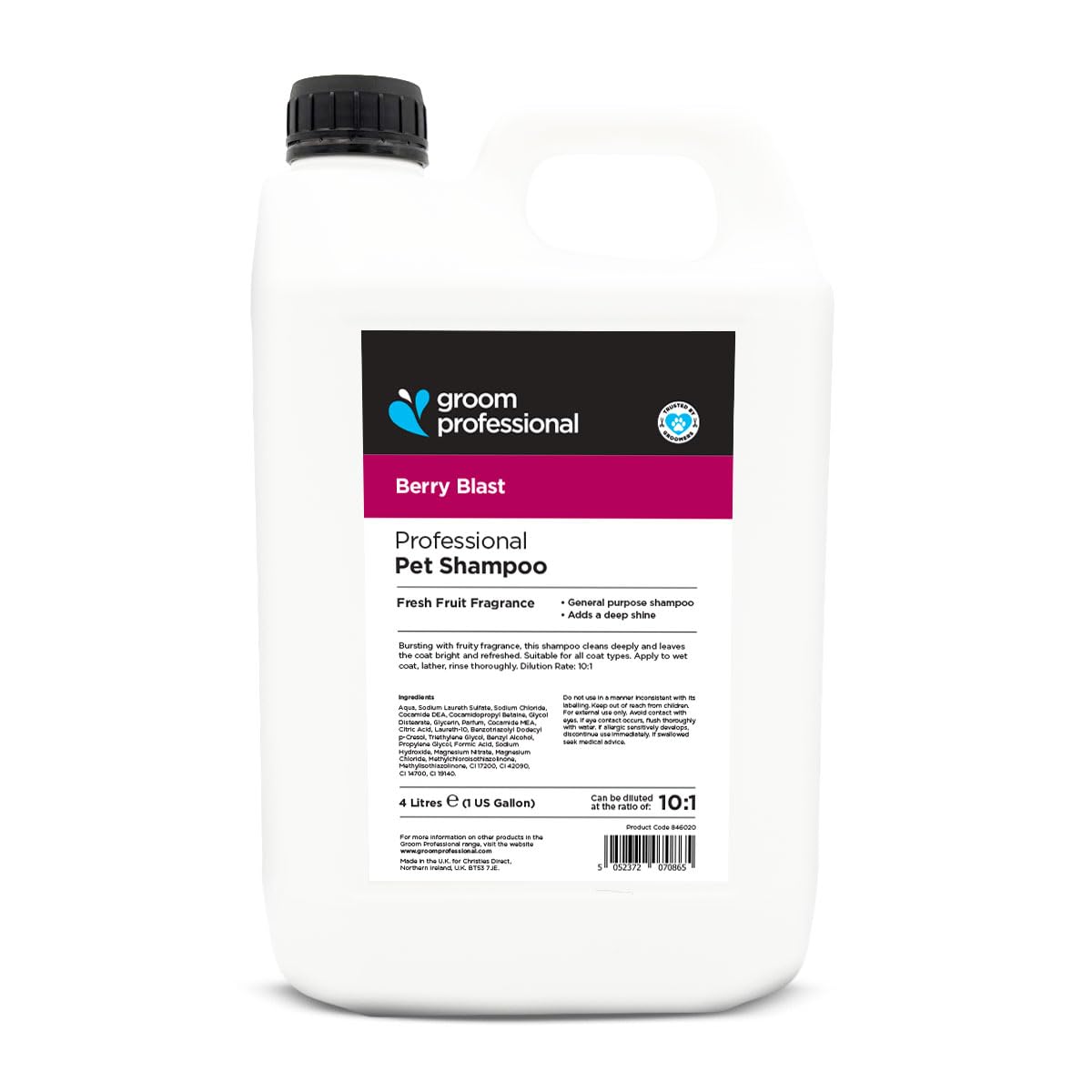 Groom Professional Berry Blast Dog Shampoo (4 L) – Salon Size 10 : 1 Concentrate with Natural Berry Extracts, Deep Cleansing and Moisturising Formula, Restores Shine and Freshness, Made in UK