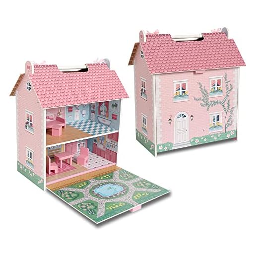 DEQUBE- Casa de muñecas de Madera portatil - Casita de Juguete de 2 Pisos con buhardilla y jardín con Asas para Transportar fácilmente- Incluye 7 Accesorios de Juego - Tamaño 39X34,5X18 (913D00017)
