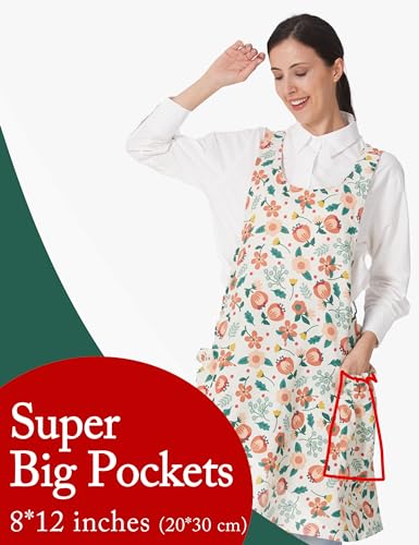 Image of Cozy Adjustable Cross Back Aprons for Women with Pockets Cotton Linen Cooking Kitchen Baking