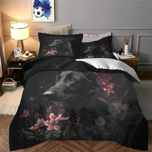 Housse de couette chien noir parure lit 140x200 microfibre