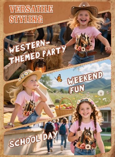 Image of Girls Western Horse T-Shirts - Cute Cowgirl Outfit Kids Short Sleeve Shirts Funny Tops Rodeo Toddler Summer Tee