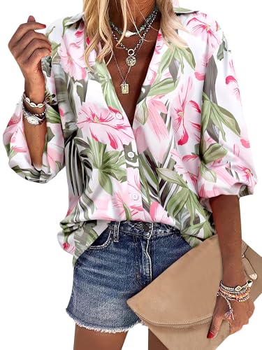 ZXZY Women's Hawaiian Shirts Long Sleeve Tropical Tops Button Down Dressy Casual Blouses Green