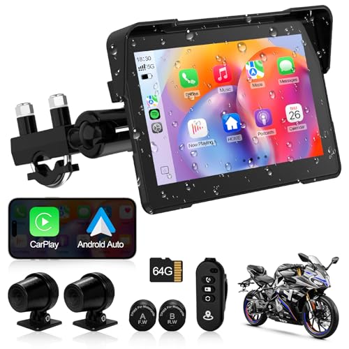 Artman Motorcycle Dash cam Front and Rear, 7'' IPS Touch Screen, Portable Motorcycle Carplay for Apple Carplay and Android Auto GPS Navigation System, TPMS Compatible, IP67 Waterproof & 64G SD Card