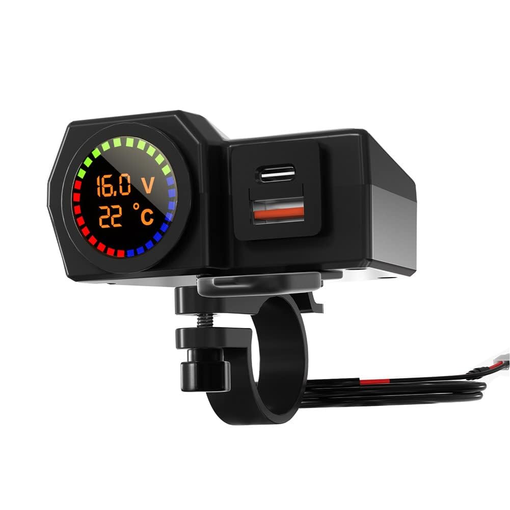 Motorcycle USB Charger Waterproof, Dual Quick Charge Ports - 5V 3.4A/3A USB and Type-C PD, Motorbike Handlebar Adapter Charger Socket with Power Switch, Voltmeter & Thermometer for Phone, Tablet, GPS-image-3