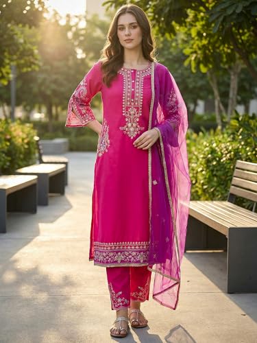 Image of INDO ERA Women's Silk Blend Embroidered Straight Kurta Pant with Dupatta