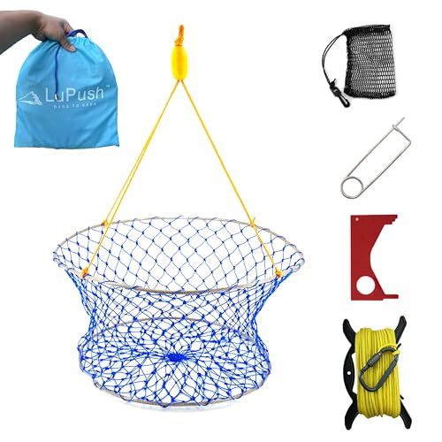 Crab Ring Trap – Collapsible Crab Net with 100ft Rope, Bait Bag, Clip & Ruler – 6 Pieces Portable Crab Trap for Easy Storage – Durable Grid Design for Dock & Pier Crabbing