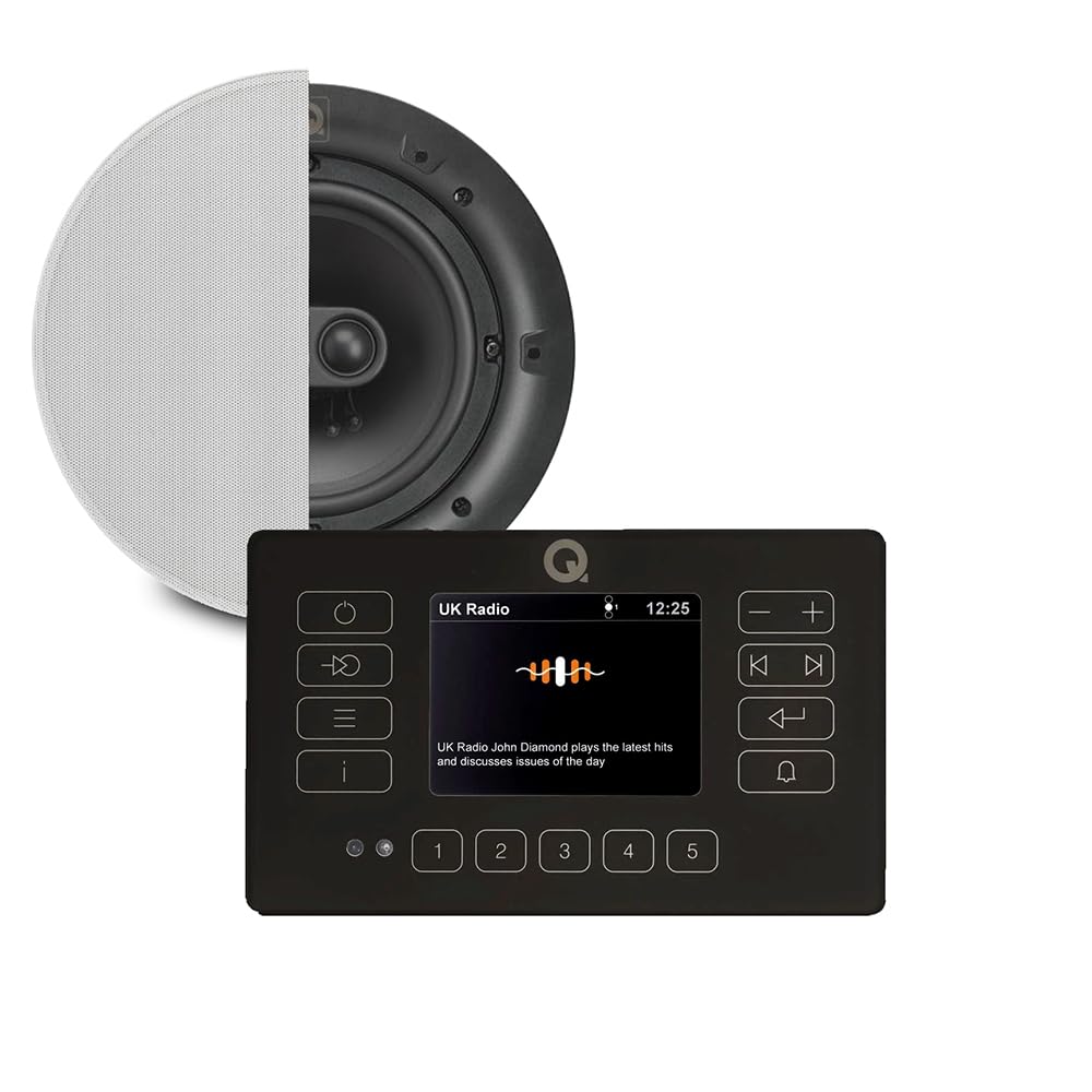 Q Acoustics E120 Bluetooth Ceiling Speaker System with Wall Amplifier & Moisture-Proof Built-in DAB+ Radio, FM Tuner, Stereo Touch Panel & 1x QI65CST Speaker for Home Audio Systems (Black)