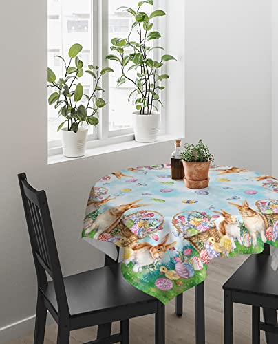 Easter Tablecloth Square/Round Spring Eggs Bunny Blue Green Table Cloth Outdoor Waterproof Tablecloths For Party Picnic Indoor Table Cover For Dining/Kitchen Home Decoration 60X60In #TOP2