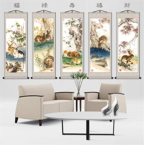 Zzooi Chinese Zodiac Animal Drawing Rabbits Wall Art Hanging Silk Painting Scroll,Drawing Rabbit #TOP5