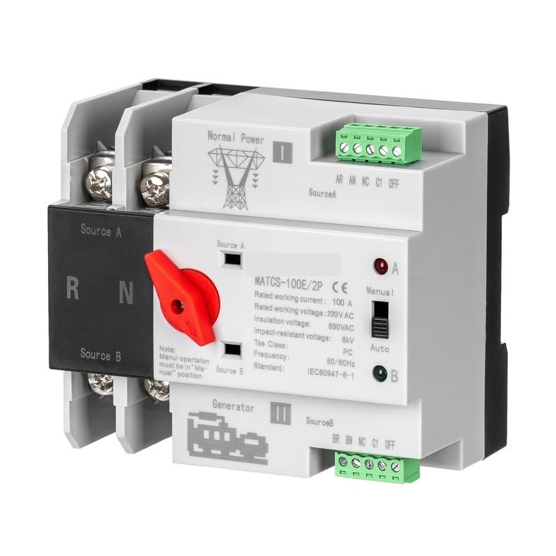 MATCS-100E/2P 100A 220VAC Dual Power Transfer Switch PC Type, DIN-Rail Mounting, Red Handle