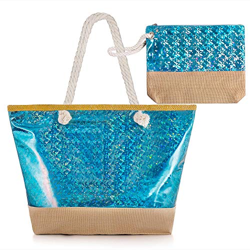 Diealles Sac de Plage Grande Taille XXL, Sac de Plage Brillante Femme Grande Taille avec Zip pour Femme et Filles (Bleu)