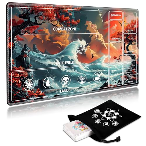 Image of for MTG Playmat with Card Storage Bag,Non-Slip Rubber Base & Smooth Surface 27.6x15.7in,Beginner-Friendly Magic Mat for Commander Deck,Red Trees Sunset Waves