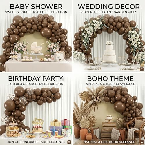 Image of Dark Brown Balloons, 114pcs Coffee Brown Latex Balloon Garland Arch Kit, 18 12 10 5 Inch Different Sizes Pack for BOHO Birthday Halloween Baby Shower Party Decorations