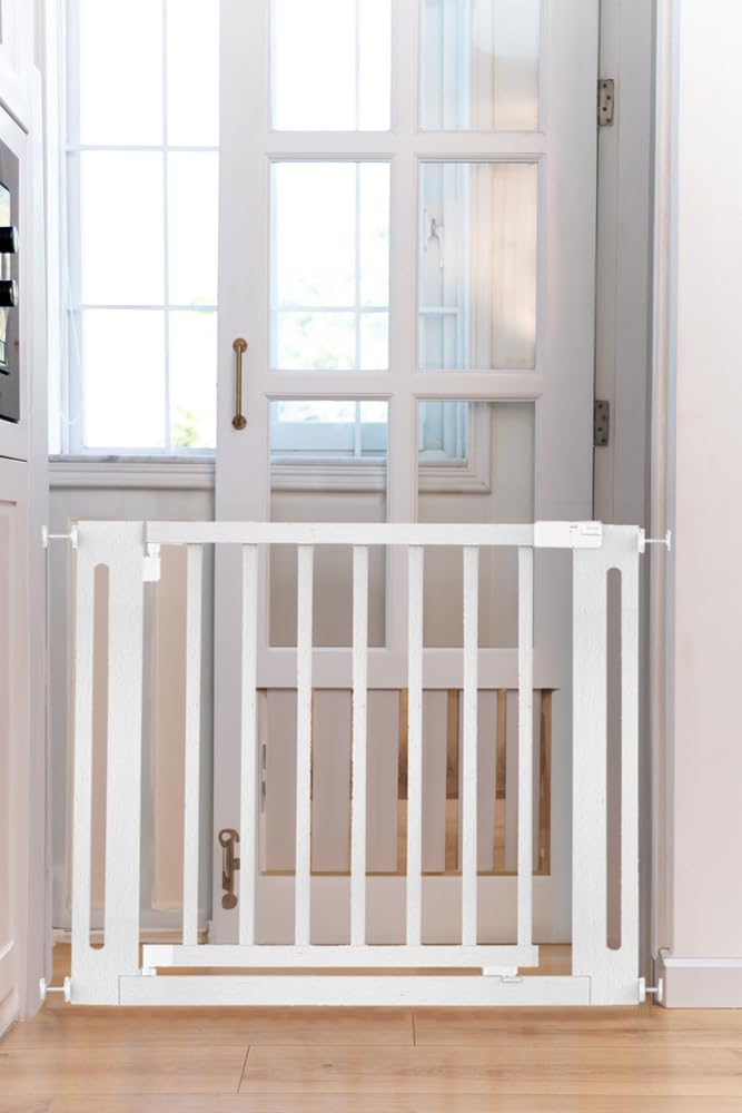 Safetots Cancelletto Elegance in Legno, Bianco, 105cm - 113cm, Cancelletto di Sicurezza a Pressione, Passaggio Extra Largo di 73cm, Barriera di Sicurezza, Installazione Facile