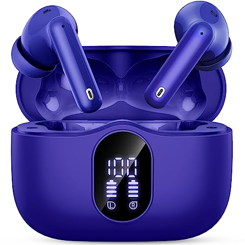 Wireless Earbuds, Bluetooth 5.4 Headphones Bass Stereo, Ear Buds with Noise Cancelling Mic, LED Display in Ear Earphones Clear Calls, IP7 Waterproof Bluetooth Earbuds for Laptop/Phones, Dark Blue