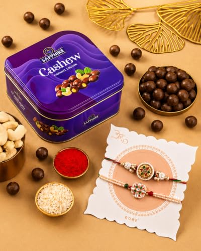 Image of HyperFoods Rakhi set for Brother and Bhabhi with Chocolate Gift Pack Rakhi with chocolate Cashew Caramel Coated 90g Chocolates Gift Pack Rakhis for Rakshabandhan Rakhi Gift Hamper for Brother