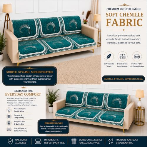 Image of Homerz Premium Chenille Fabric Sofa Cover | Soft, Durable & Dustproof | Decorative Couch Cover (Ghoomar Teal, 5 (3+1+1) Seater, Seat Cover with Backrest)